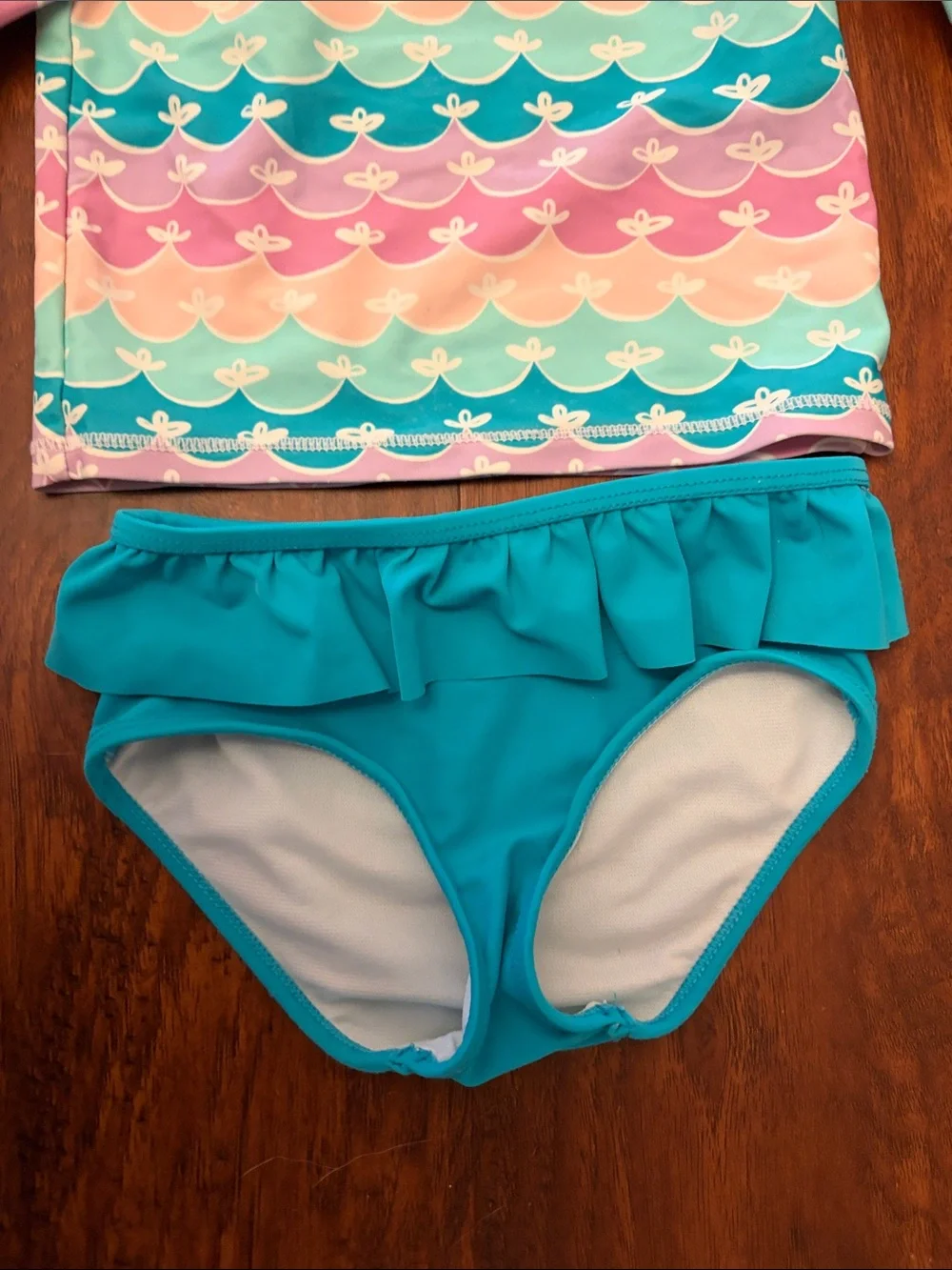 Ruffle Butts-Girls' Long Sleeve Rash Guard Bikini Set - Wave Print & Teal Bottom